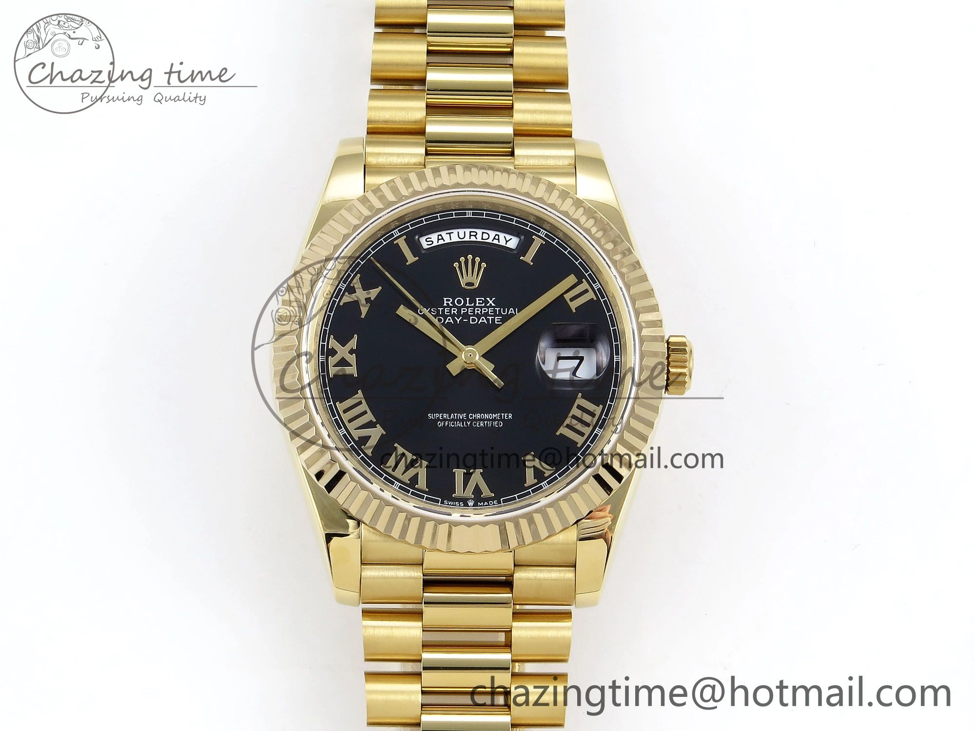 Day Date 40 YG JDF Gain Weight 904L Steel Black Roman Dial on President Bracelet VR3255 V FreshLook 1368