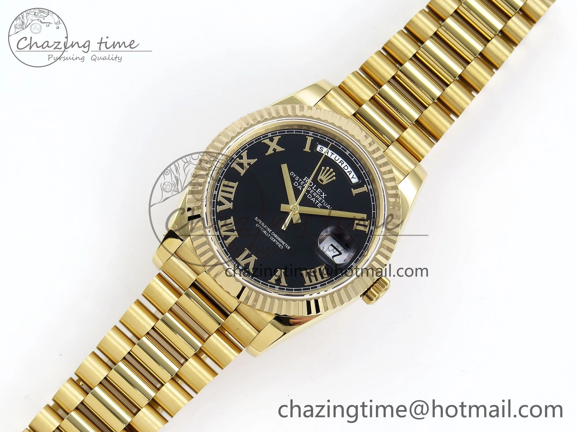 Day Date 40 YG JDF Gain Weight 904L Steel Black Roman Dial on President Bracelet VR3255 V FreshLook 1368