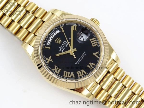 Day Date 40 YG JDF Gain Weight 904L Steel Black Roman Dial on President Bracelet VR3255 V FreshLook 1368