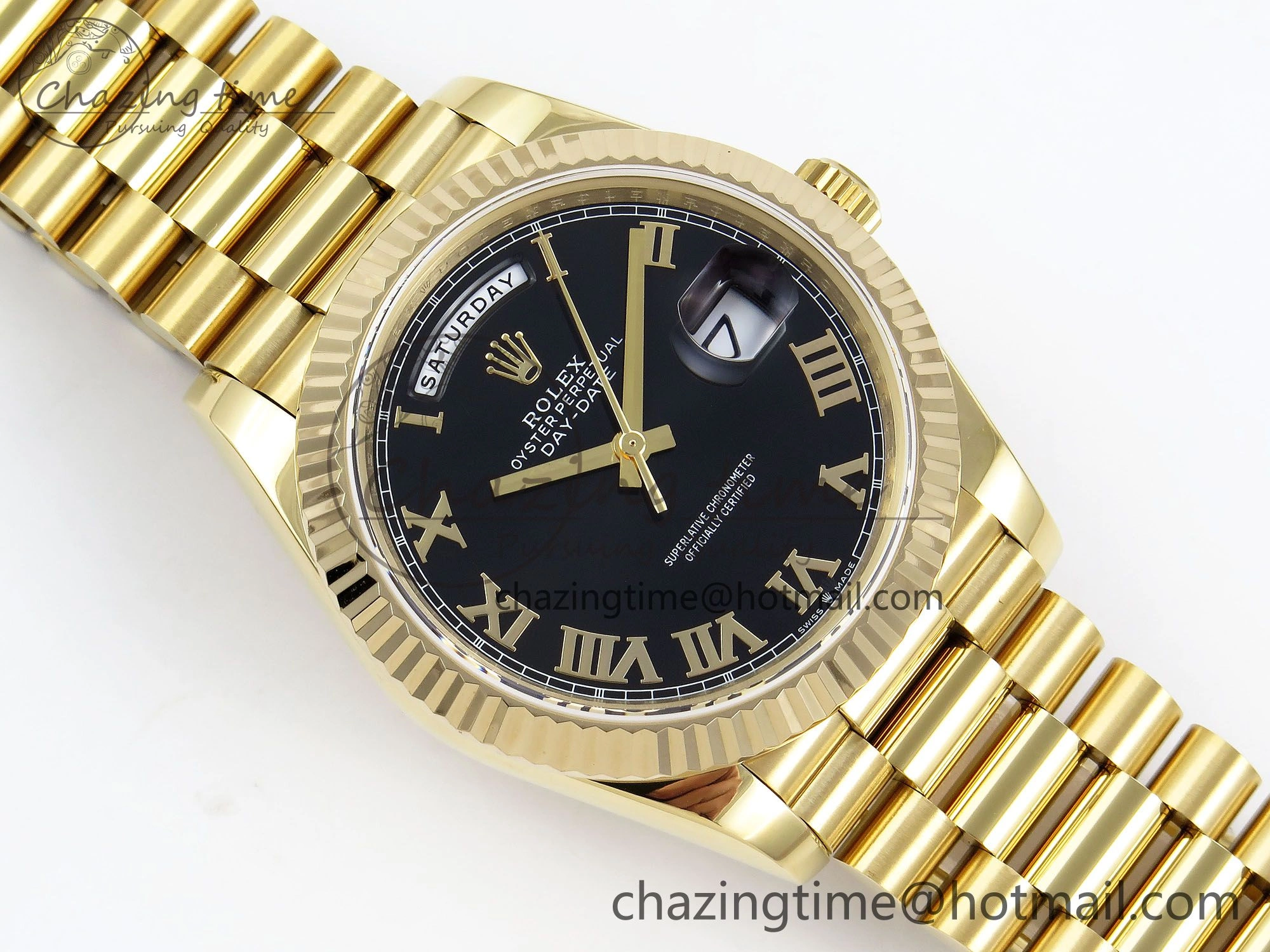 Day Date 40 YG JDF Gain Weight 904L Steel Black Roman Dial on President Bracelet VR3255 V FreshLook 1368