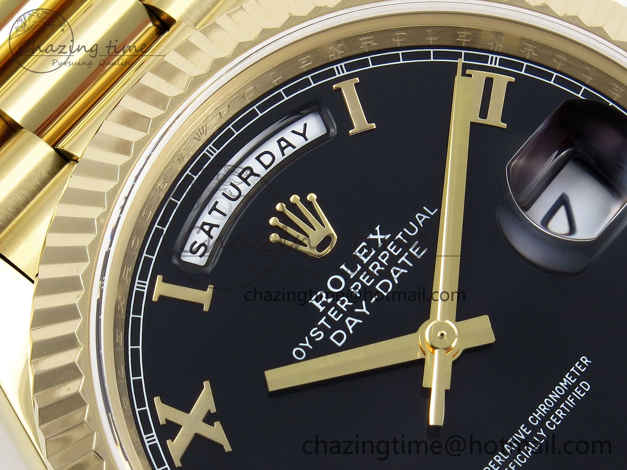 Day Date 40 YG JDF Gain Weight 904L Steel Black Roman Dial on President Bracelet VR3255 V FreshLook 1368