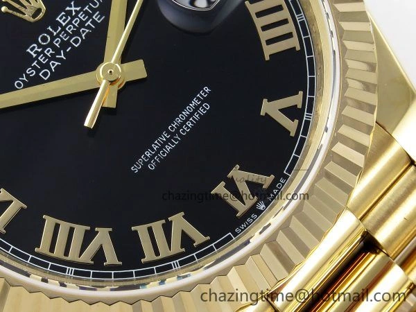 Day Date 40 YG JDF Gain Weight 904L Steel Black Roman Dial on President Bracelet VR3255 V FreshLook 1368