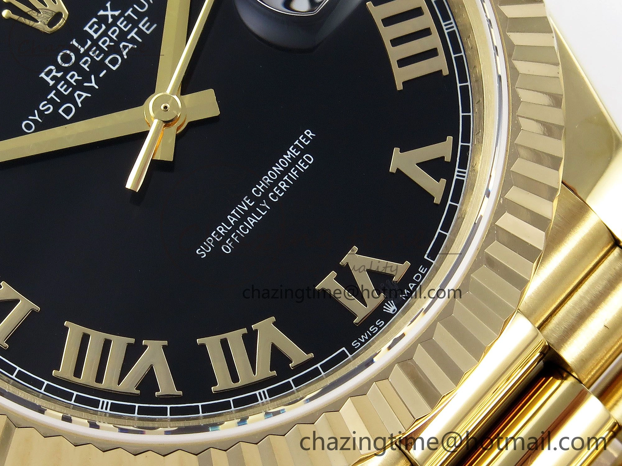 Day Date 40 YG JDF Gain Weight 904L Steel Black Roman Dial on President Bracelet VR3255 V FreshLook 1368