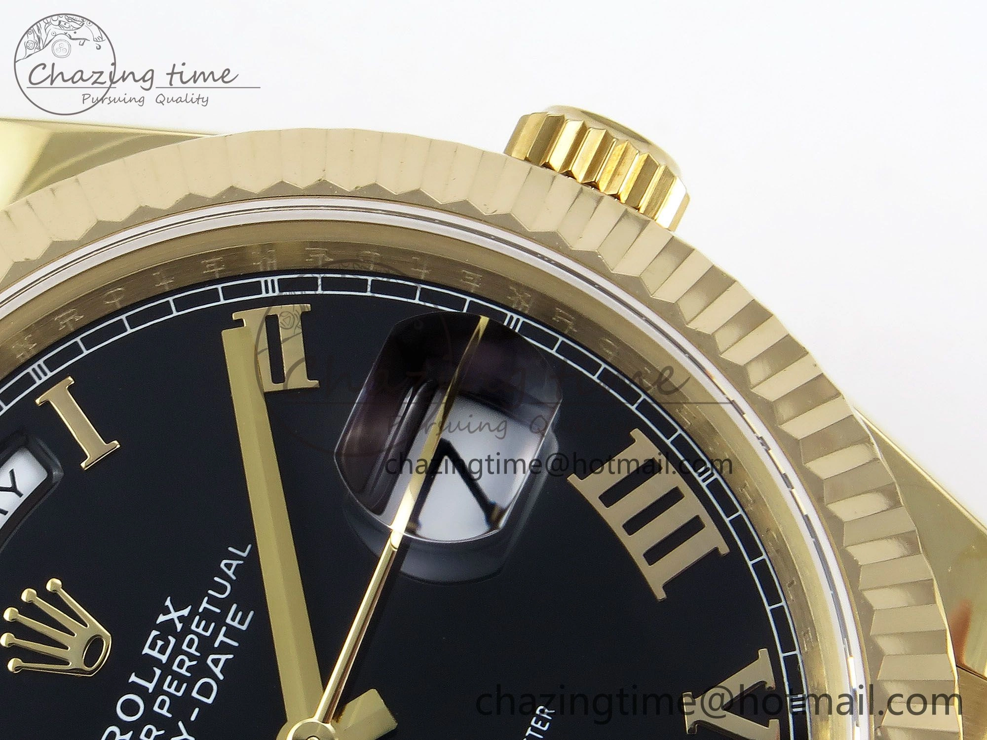 Day Date 40 YG JDF Gain Weight 904L Steel Black Roman Dial on President Bracelet VR3255 V FreshLook 1368