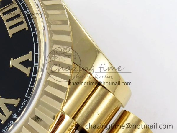 Day Date 40 YG JDF Gain Weight 904L Steel Black Roman Dial on President Bracelet VR3255 V FreshLook 1368