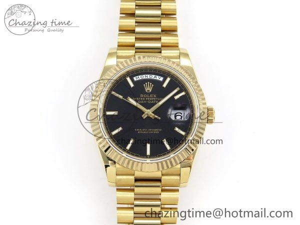 Day Date 40 YG JDF Gain Weight 904L Steel Black Textured Stick Dial on President Bracelet VR3255 V ZeroBulk 1371