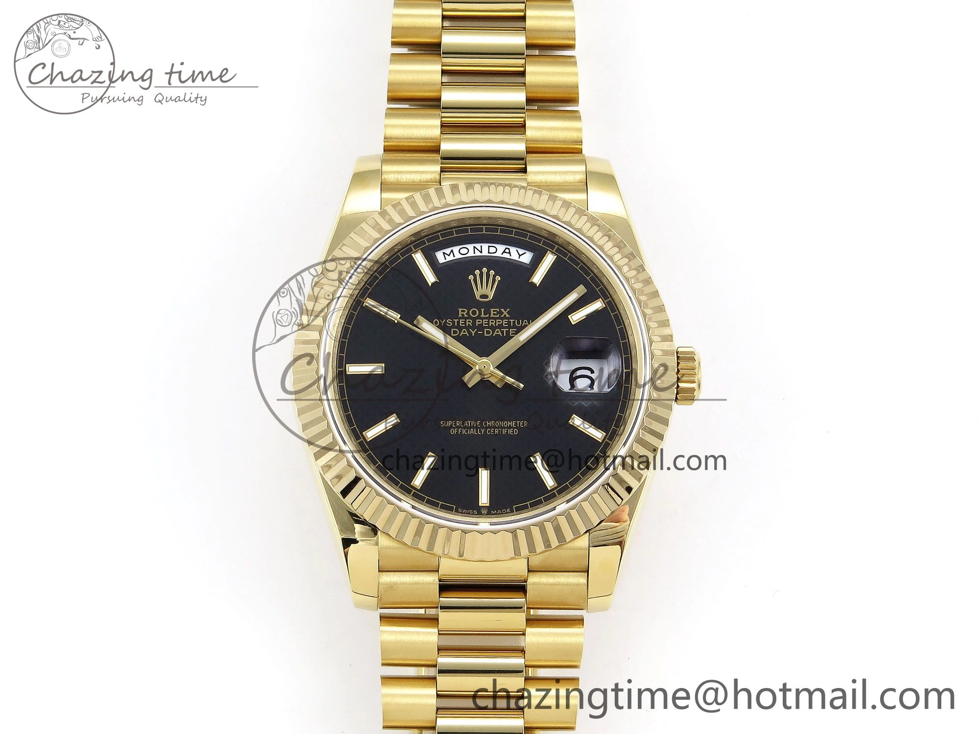 Day Date 40 YG JDF Gain Weight 904L Steel Black Textured Stick Dial on President Bracelet VR3255 V ZeroBulk 1371