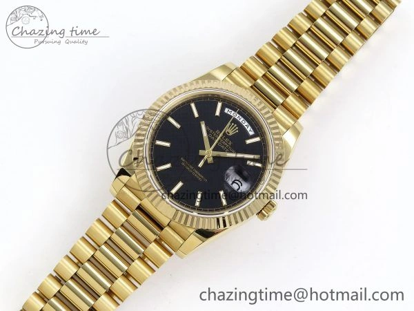 Day Date 40 YG JDF Gain Weight 904L Steel Black Textured Stick Dial on President Bracelet VR3255 V ZeroBulk 1371