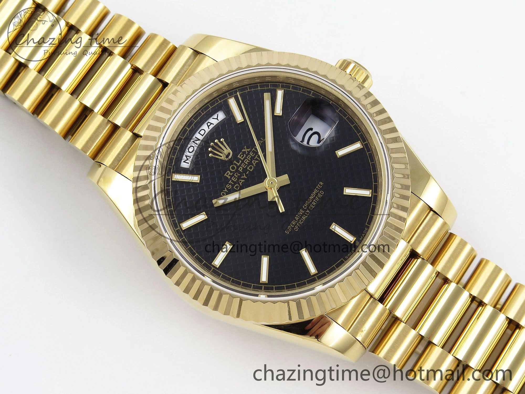 Day Date 40 YG JDF Gain Weight 904L Steel Black Textured Stick Dial on President Bracelet VR3255 V ZeroBulk 1371