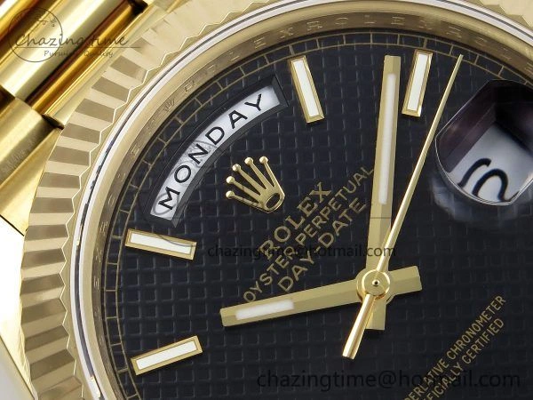 Day Date 40 YG JDF Gain Weight 904L Steel Black Textured Stick Dial on President Bracelet VR3255 V ZeroBulk 1371