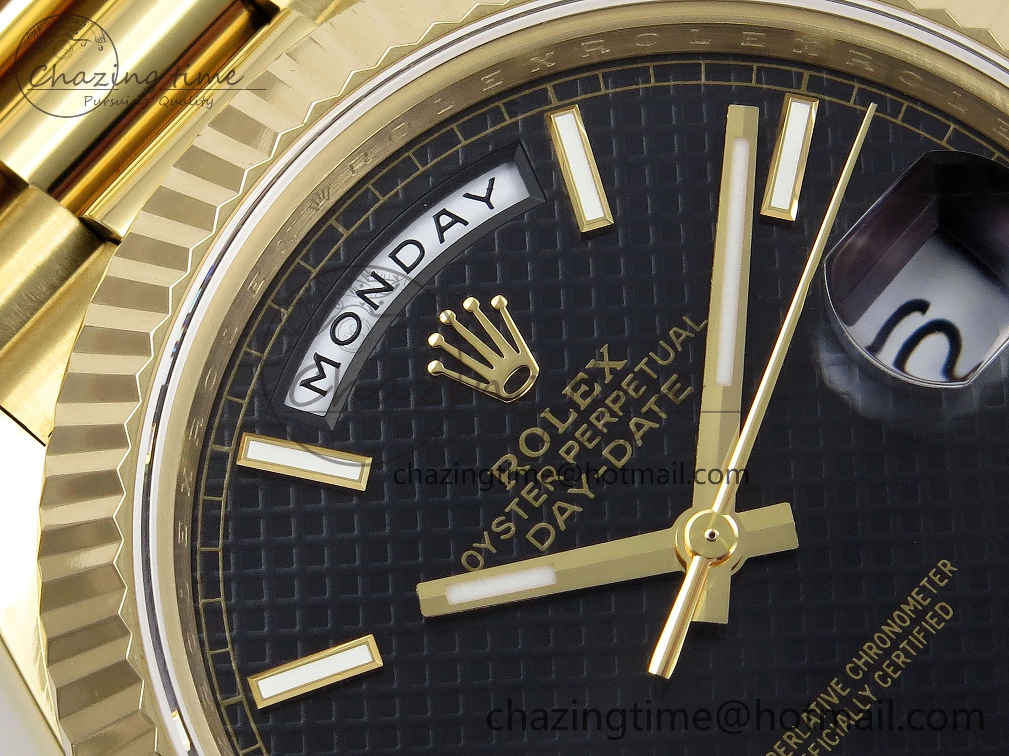 Day Date 40 YG JDF Gain Weight 904L Steel Black Textured Stick Dial on President Bracelet VR3255 V ZeroBulk 1371