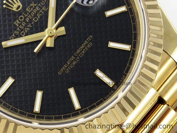 Day Date 40 YG JDF Gain Weight 904L Steel Black Textured Stick Dial on President Bracelet VR3255 V ZeroBulk 1371
