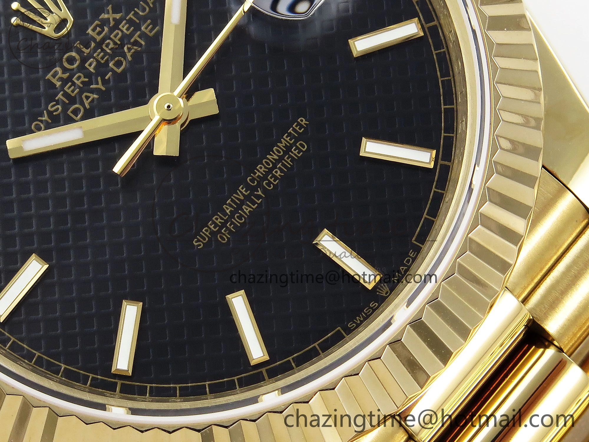 Day Date 40 YG JDF Gain Weight 904L Steel Black Textured Stick Dial on President Bracelet VR3255 V ZeroBulk 1371
