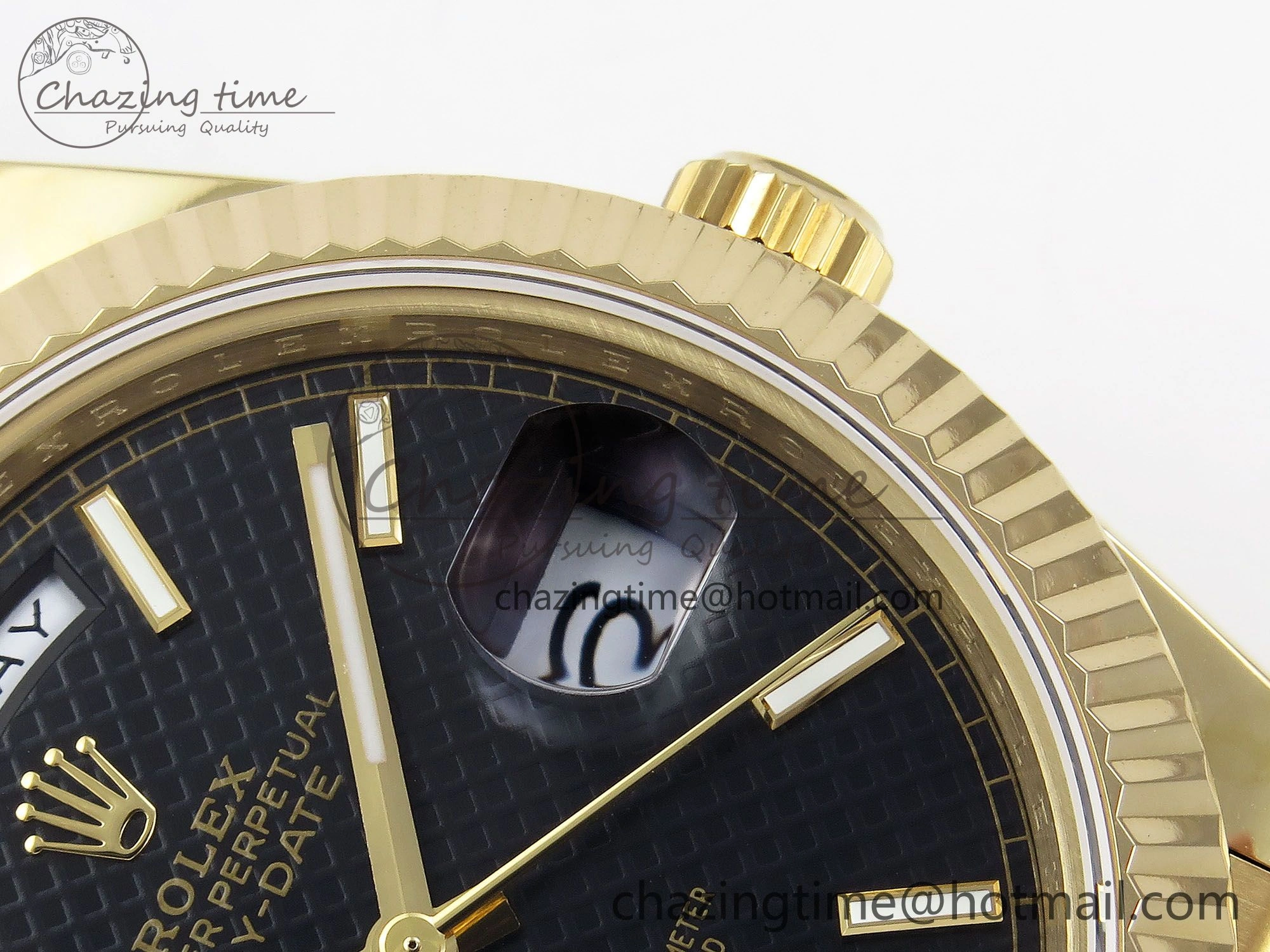 Day Date 40 YG JDF Gain Weight 904L Steel Black Textured Stick Dial on President Bracelet VR3255 V ZeroBulk 1371
