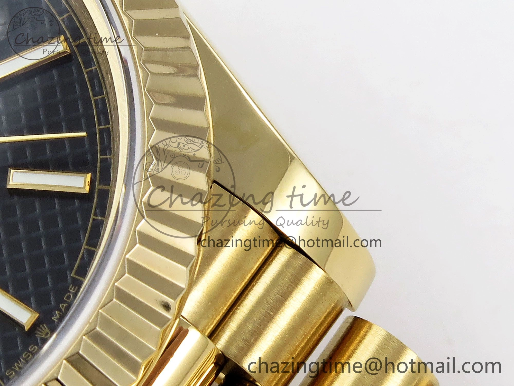 Day Date 40 YG JDF Gain Weight 904L Steel Black Textured Stick Dial on President Bracelet VR3255 V ZeroBulk 1371