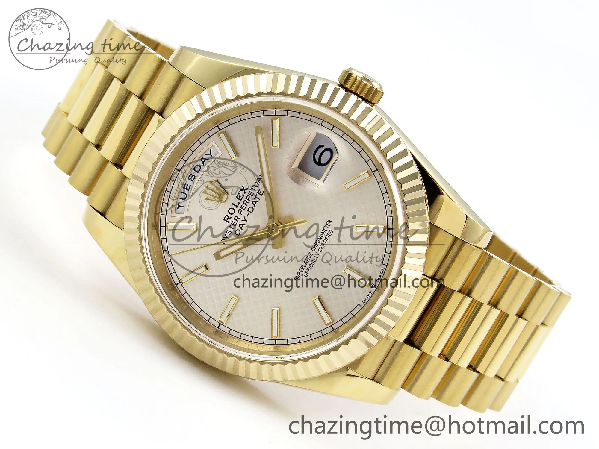 Day Date 40 YG JDF Gain Weight 904L Steel Silver Textured Stick Dial on President Bracelet VR3255 V Compact 1361