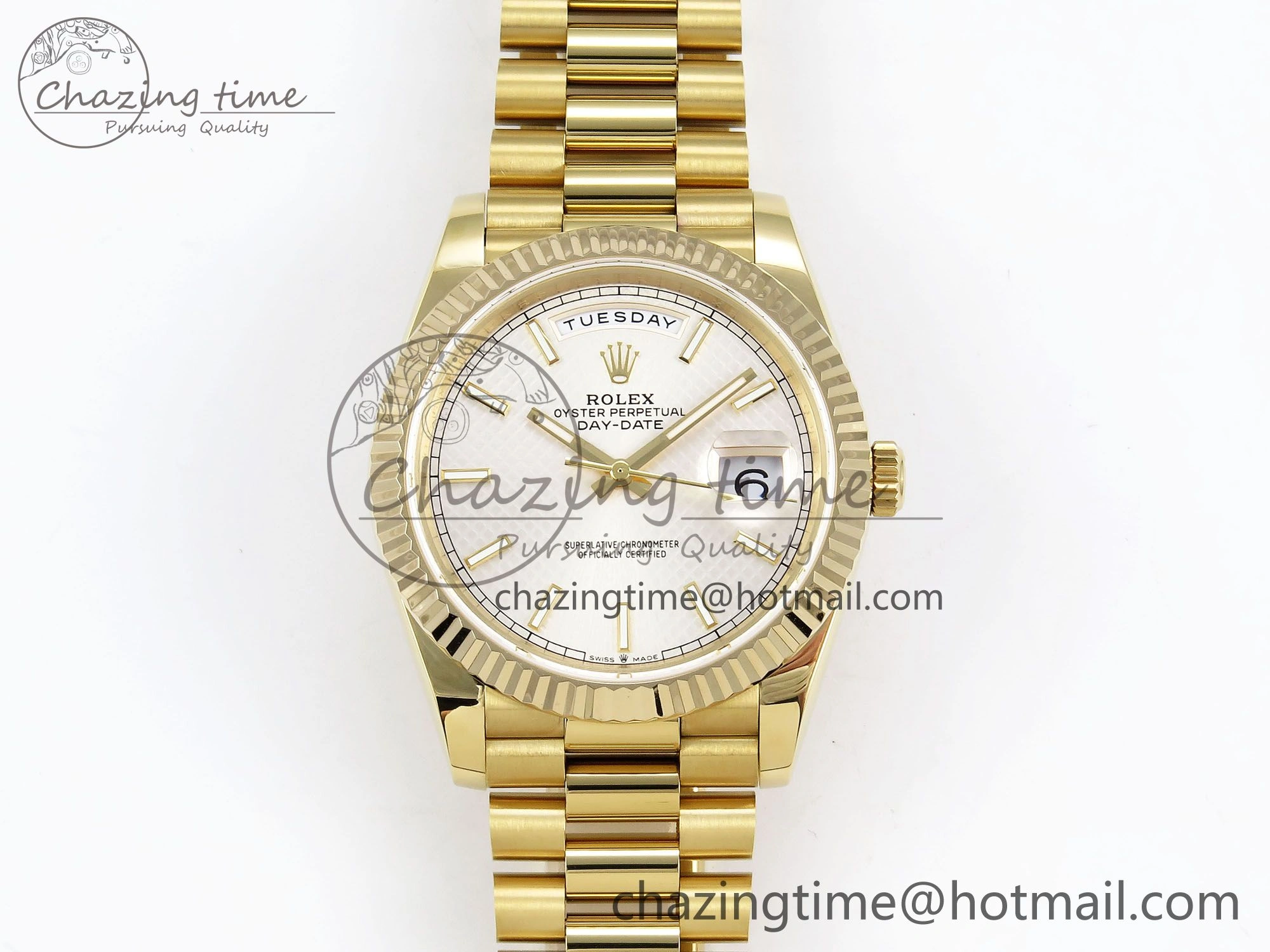 Day Date 40 YG JDF Gain Weight 904L Steel Silver Textured Stick Dial on President Bracelet VR3255 V Compact 1361