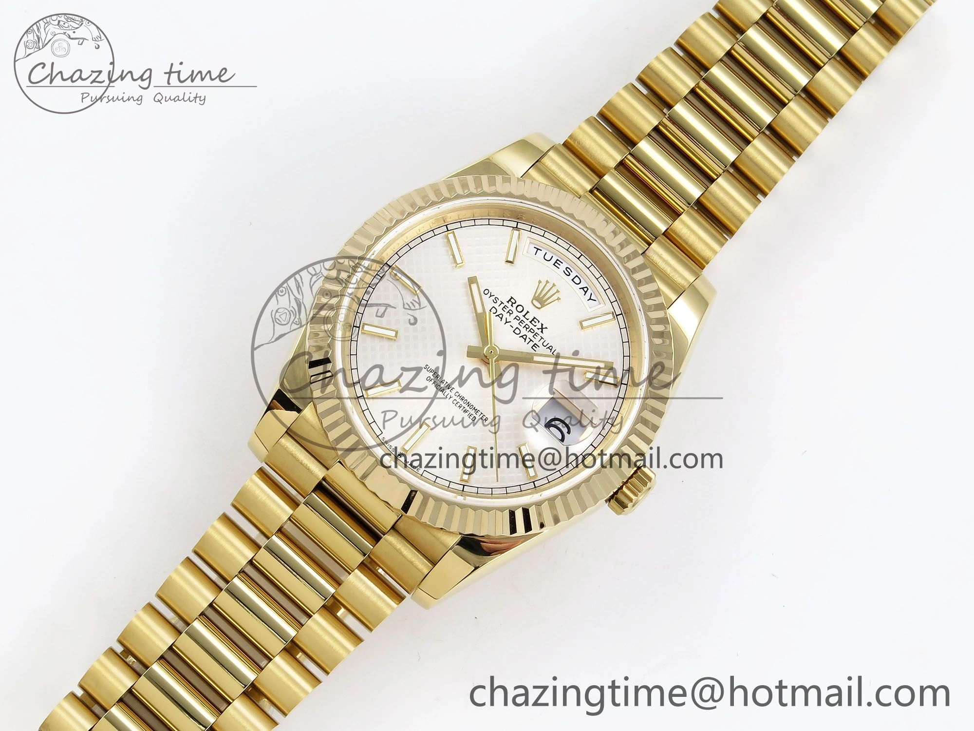 Day Date 40 YG JDF Gain Weight 904L Steel Silver Textured Stick Dial on President Bracelet VR3255 V Compact 1361