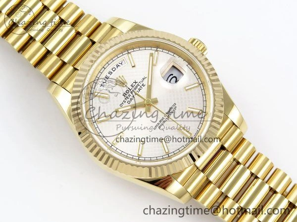 Day Date 40 YG JDF Gain Weight 904L Steel Silver Textured Stick Dial on President Bracelet VR3255 V Compact 1361