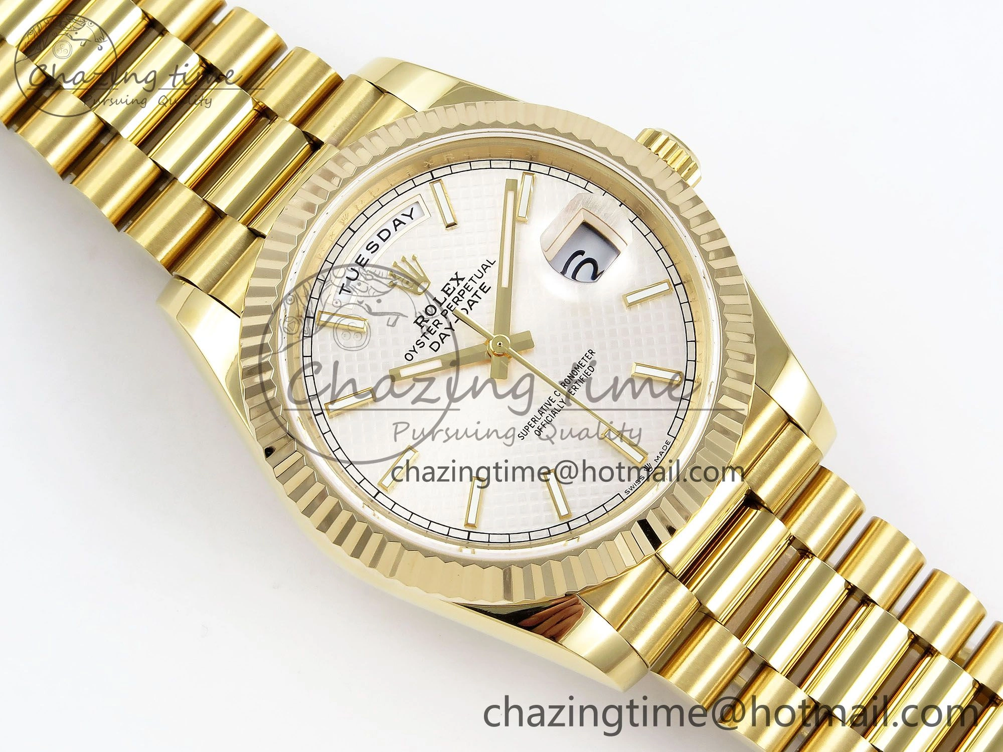 Day Date 40 YG JDF Gain Weight 904L Steel Silver Textured Stick Dial on President Bracelet VR3255 V Compact 1361