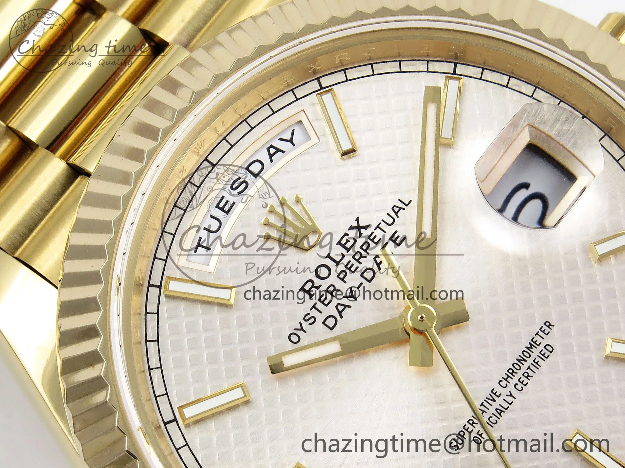 Day Date 40 YG JDF Gain Weight 904L Steel Silver Textured Stick Dial on President Bracelet VR3255 V Compact 1361