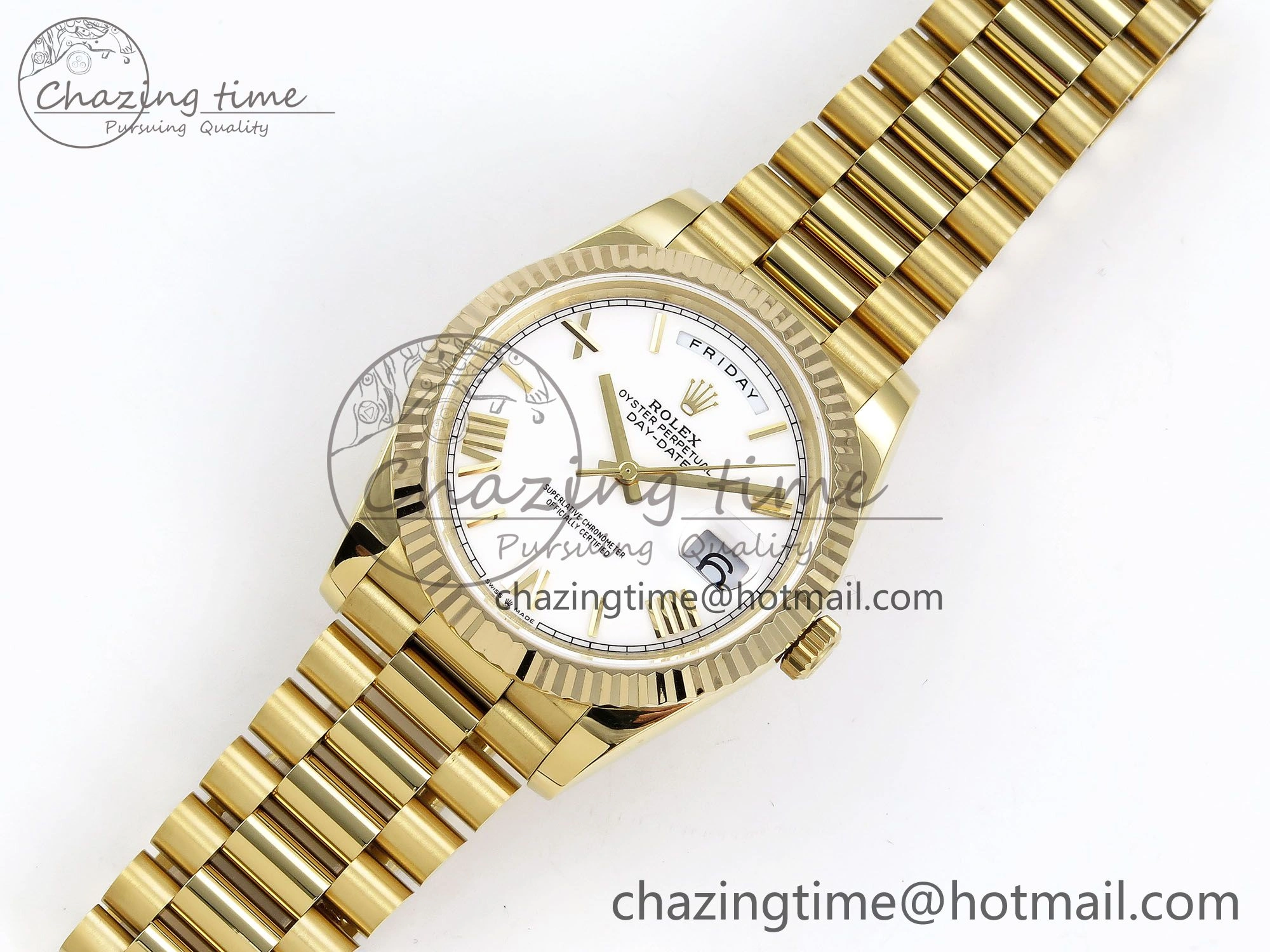 Day Date 40 YG JDF Gain Weight 904L Steel White Big Roman Dial on President Bracelet VR3255 V WellDesigned 1366
