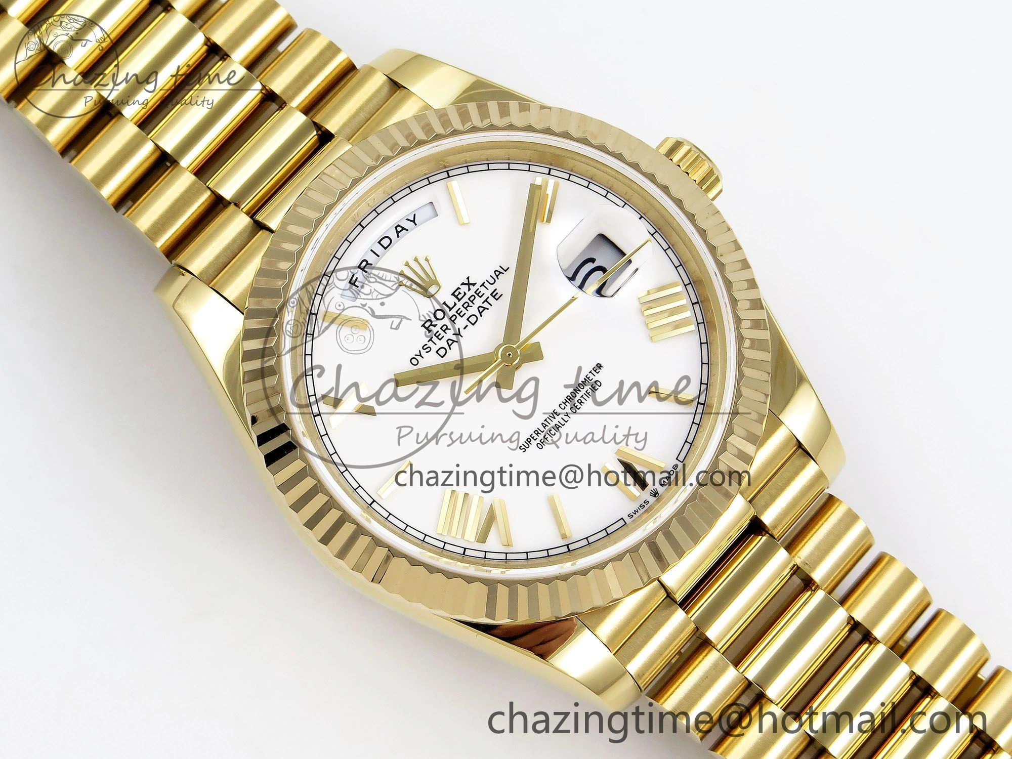 Day Date 40 YG JDF Gain Weight 904L Steel White Big Roman Dial on President Bracelet VR3255 V WellDesigned 1366