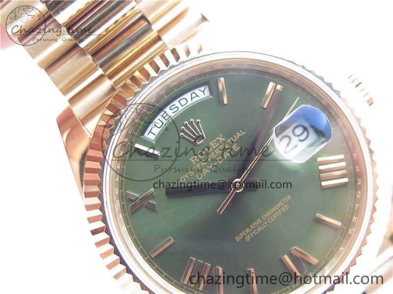 Day-Date 40mm 228239 BP New Dial Version 904 RG Green Roman Dial on RG President Bracelet A Stretchable 2828