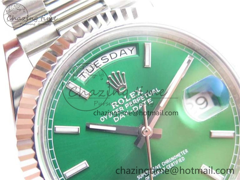 Comfortable Day-Date 40mm 228239 BP New Dial Version 904 SS Green Stick Markers Dial on SS President Bracelet A 2817