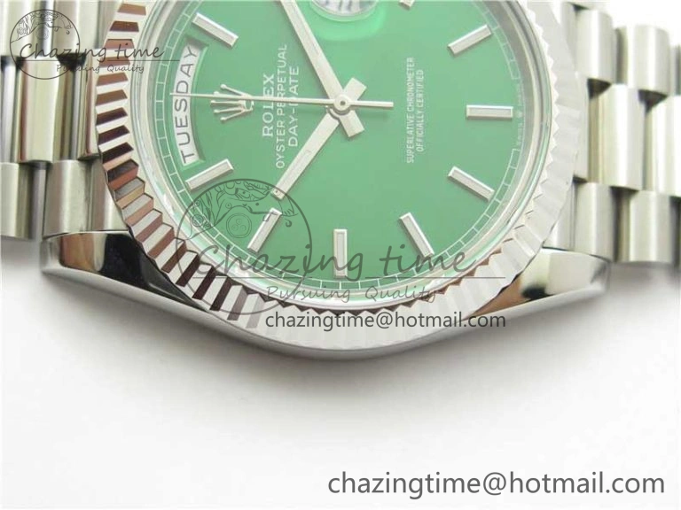 Comfortable Day-Date 40mm 228239 BP New Dial Version 904 SS Green Stick Markers Dial on SS President Bracelet A 2817