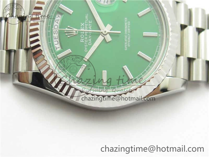 Comfortable Day-Date 40mm 228239 BP New Dial Version 904 SS Green Stick Markers Dial on SS President Bracelet A 2817