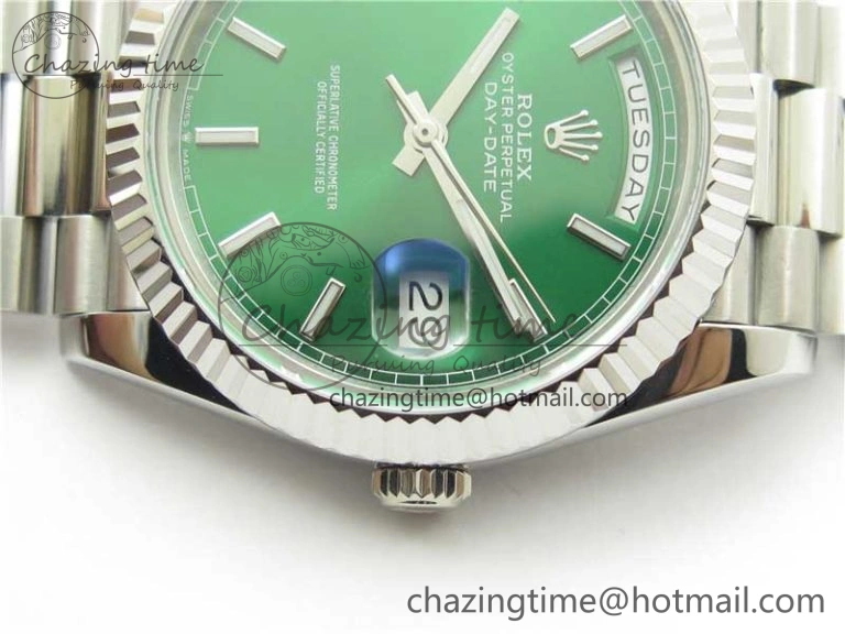 Comfortable Day-Date 40mm 228239 BP New Dial Version 904 SS Green Stick Markers Dial on SS President Bracelet A 2817
