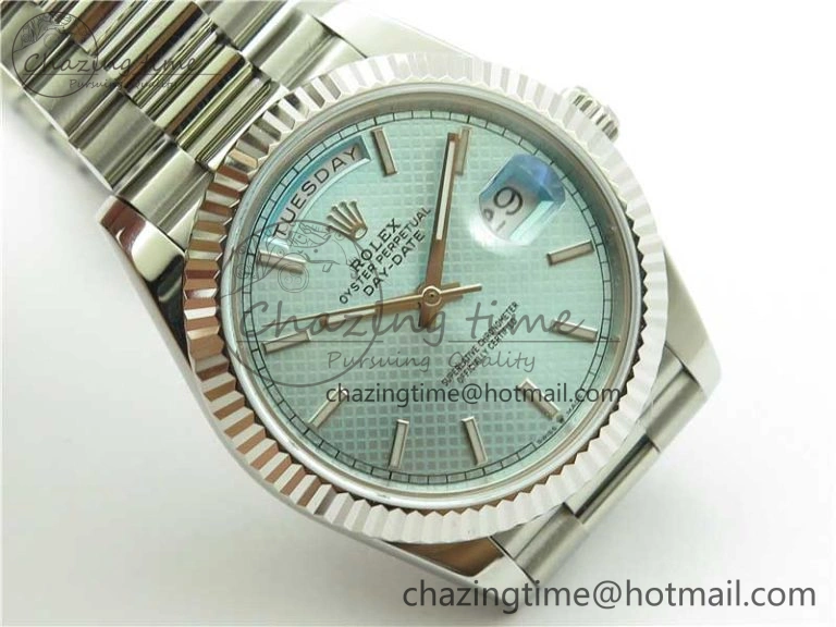 Day-Date 40mm 228239 BP New Dial Version 904 SS Ice Blue Textured Dial on SS President Bracelet A SunProtective 2820