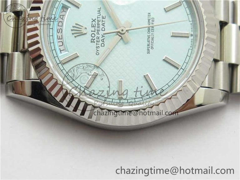 Day-Date 40mm 228239 BP New Dial Version 904 SS Ice Blue Textured Dial on SS President Bracelet A SunProtective 2820