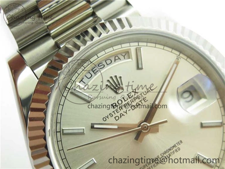 SunProtective Day-Date 40mm 228239 BP New Dial Version 904 SS Silver Stick Markers Dial on SS President Bracelet A 2815