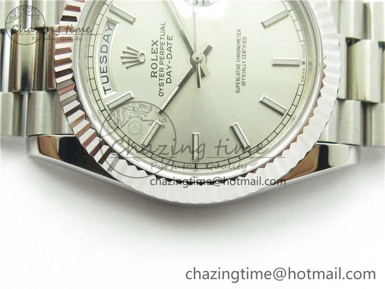 SunProtective Day-Date 40mm 228239 BP New Dial Version 904 SS Silver Stick Markers Dial on SS President Bracelet A 2815