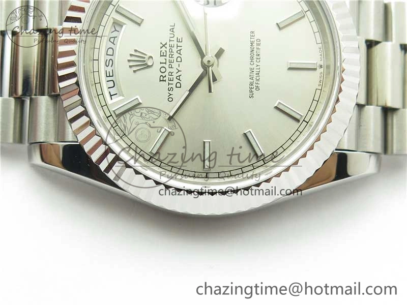 SunProtective Day-Date 40mm 228239 BP New Dial Version 904 SS Silver Stick Markers Dial on SS President Bracelet A 2815