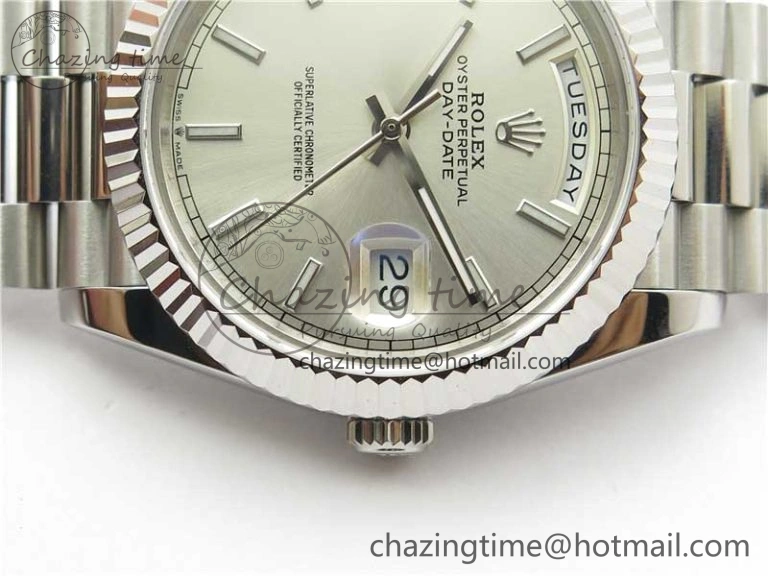SunProtective Day-Date 40mm 228239 BP New Dial Version 904 SS Silver Stick Markers Dial on SS President Bracelet A 2815