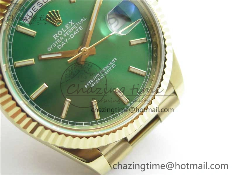 Day-Date 40mm 228239 BP New Dial Version 904 YG  Green Stick Markers Dial on YG President Bracelet A Seasonal 2814