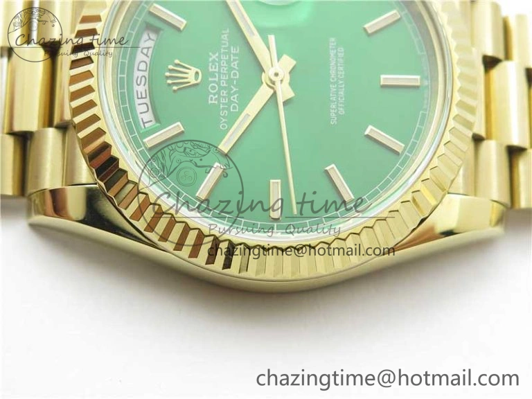 Day-Date 40mm 228239 BP New Dial Version 904 YG  Green Stick Markers Dial on YG President Bracelet A Seasonal 2814