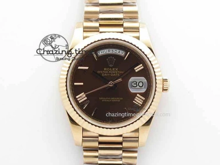 OnTrend Day-Date 40mm 228239 RG Noob 1:1 Best Edition Brown Roman Dial On RG President Bracelet A 3707