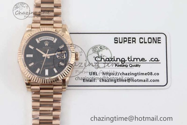 Day Date 40mm RG 904L Steel TWF 1:1 Best Edition Black Crystal Dial on RG Bracelet A Efficient 2349