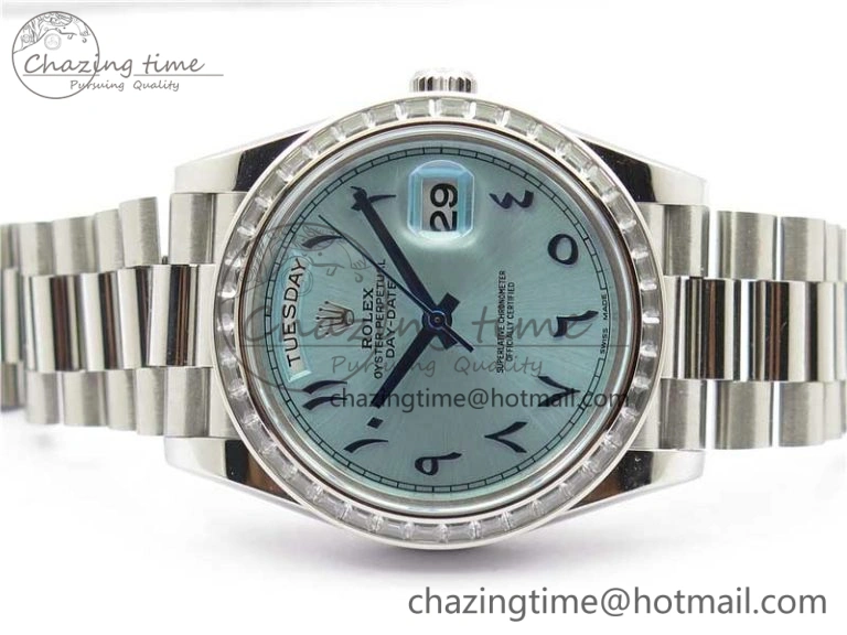 SmoothTexture Day Date 40mm SS BP Maker Best Edition Crystal Bezel Blue Dial Arabic Markers On SS Bracelet A 2885