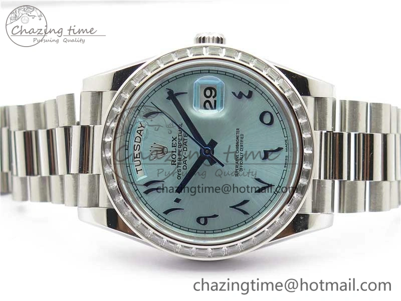 SmoothTexture Day Date 40mm SS BP Maker Best Edition Crystal Bezel Blue Dial Arabic Markers On SS Bracelet A 2885