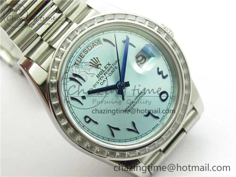 SmoothTexture Day Date 40mm SS BP Maker Best Edition Crystal Bezel Blue Dial Arabic Markers On SS Bracelet A 2885