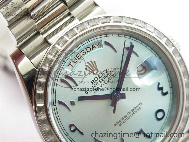 SmoothTexture Day Date 40mm SS BP Maker Best Edition Crystal Bezel Blue Dial Arabic Markers On SS Bracelet A 2885