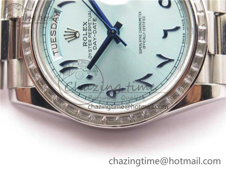 SmoothTexture Day Date 40mm SS BP Maker Best Edition Crystal Bezel Blue Dial Arabic Markers On SS Bracelet A 2885