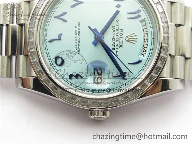 SmoothTexture Day Date 40mm SS BP Maker Best Edition Crystal Bezel Blue Dial Arabic Markers On SS Bracelet A 2885