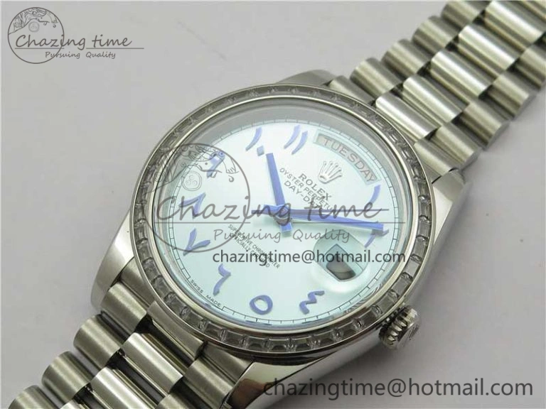 SmoothTexture Day Date 40mm SS BP Maker Best Edition Crystal Bezel Blue Dial Arabic Markers On SS Bracelet A 2885