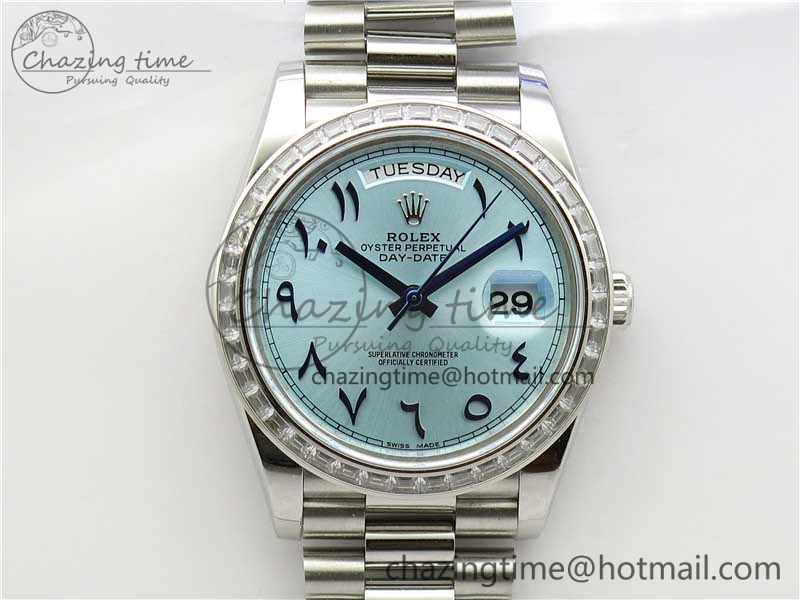 SmoothTexture Day Date 40mm SS BP Maker Best Edition Crystal Bezel Blue Dial Arabic Markers On SS Bracelet A 2885